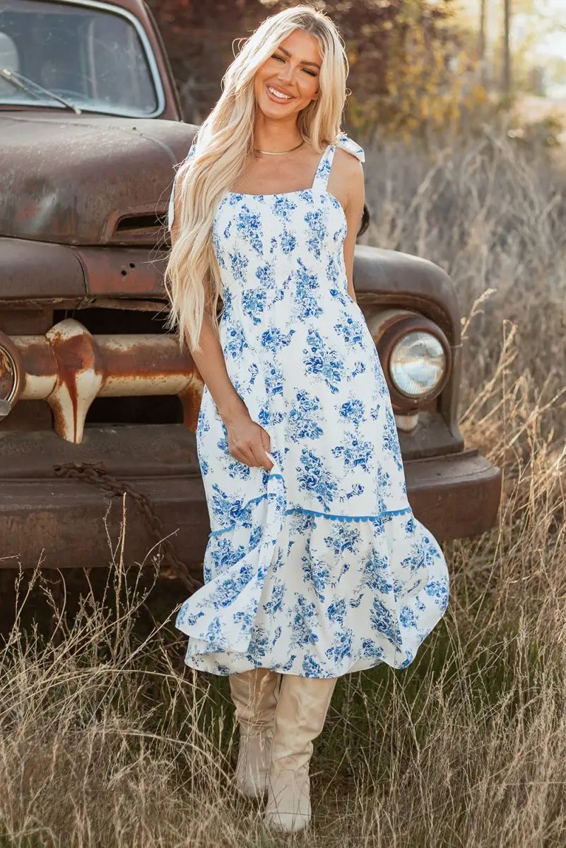 Sky Blue Floral Print Shirred Knot Shoulder Dress - Love Salve